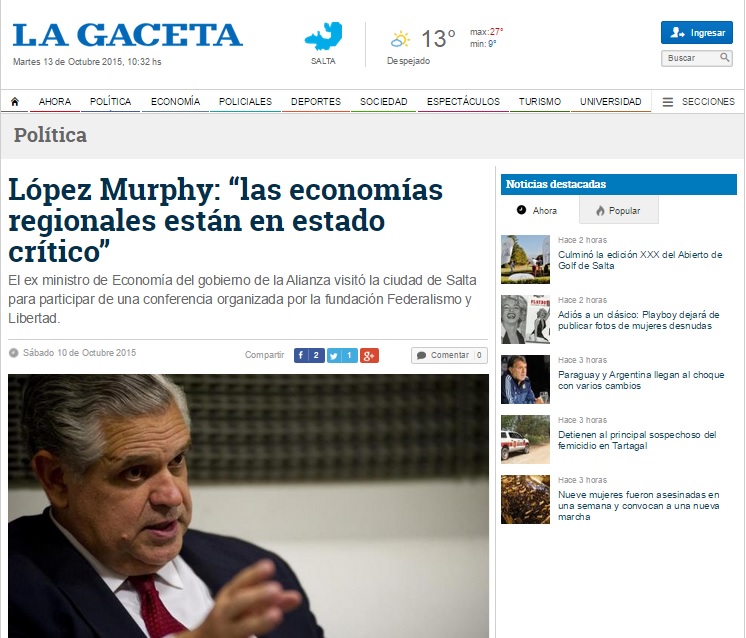 Entrevista de La Gaceta de Salta a Ricardo López Murphy