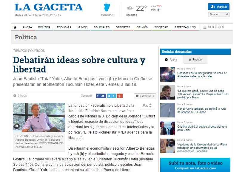 Nota de La Gaceta de Tucumán sobre la 3ª edición de la Jornada “Cultura y Libertad”