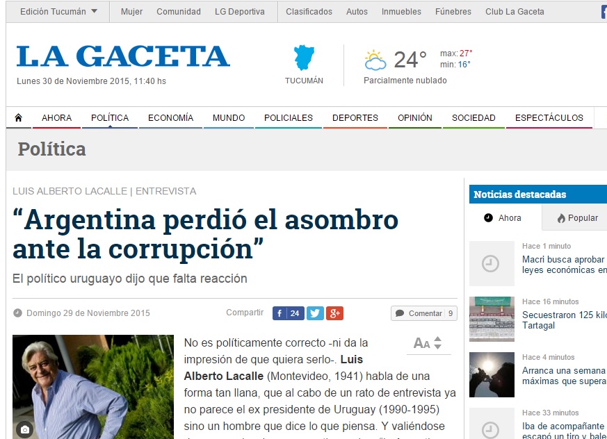 Entrevista de LA GACETA a Luis Alberto Lacalle, ex presidente del Uruguay