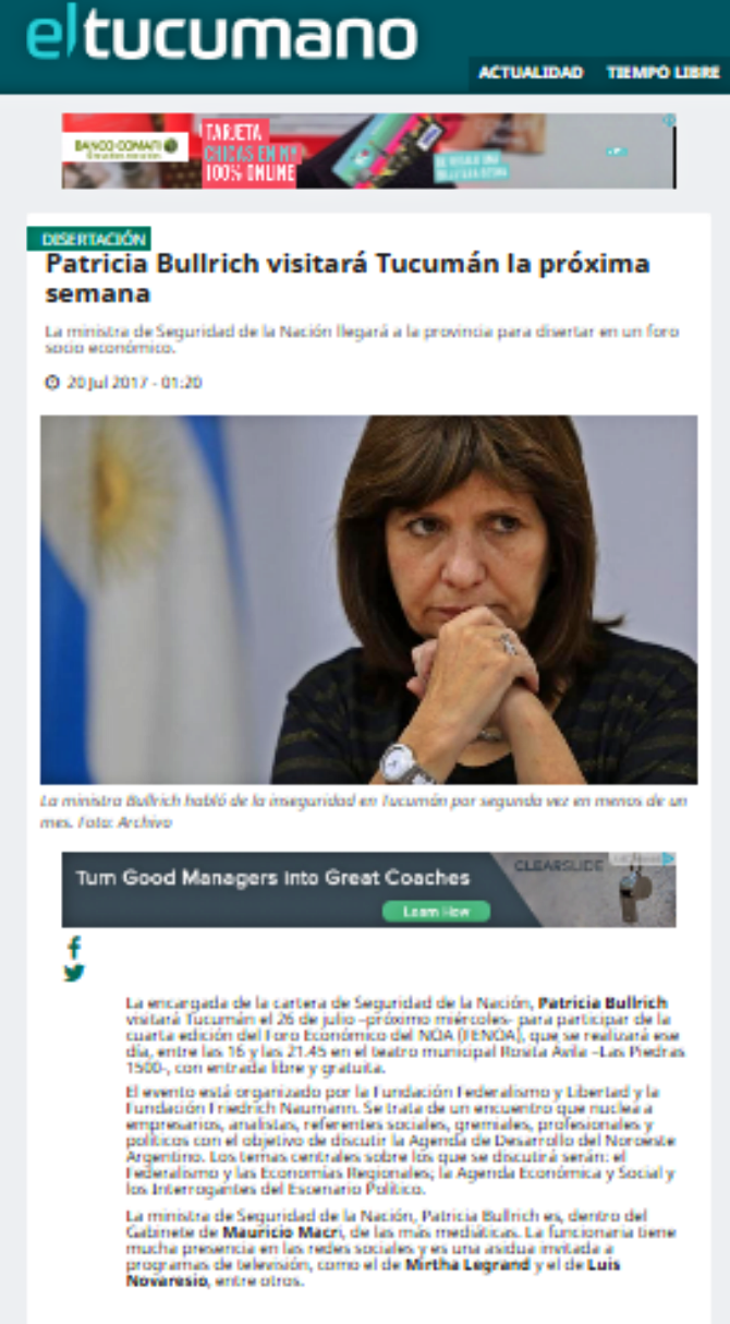 “Patricia Bullrich visitará Tucumán la próxima semana”