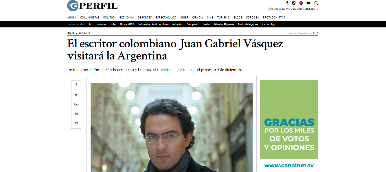 El escritor colombiano Juan Gabriel Vásquez visitará la Argentina