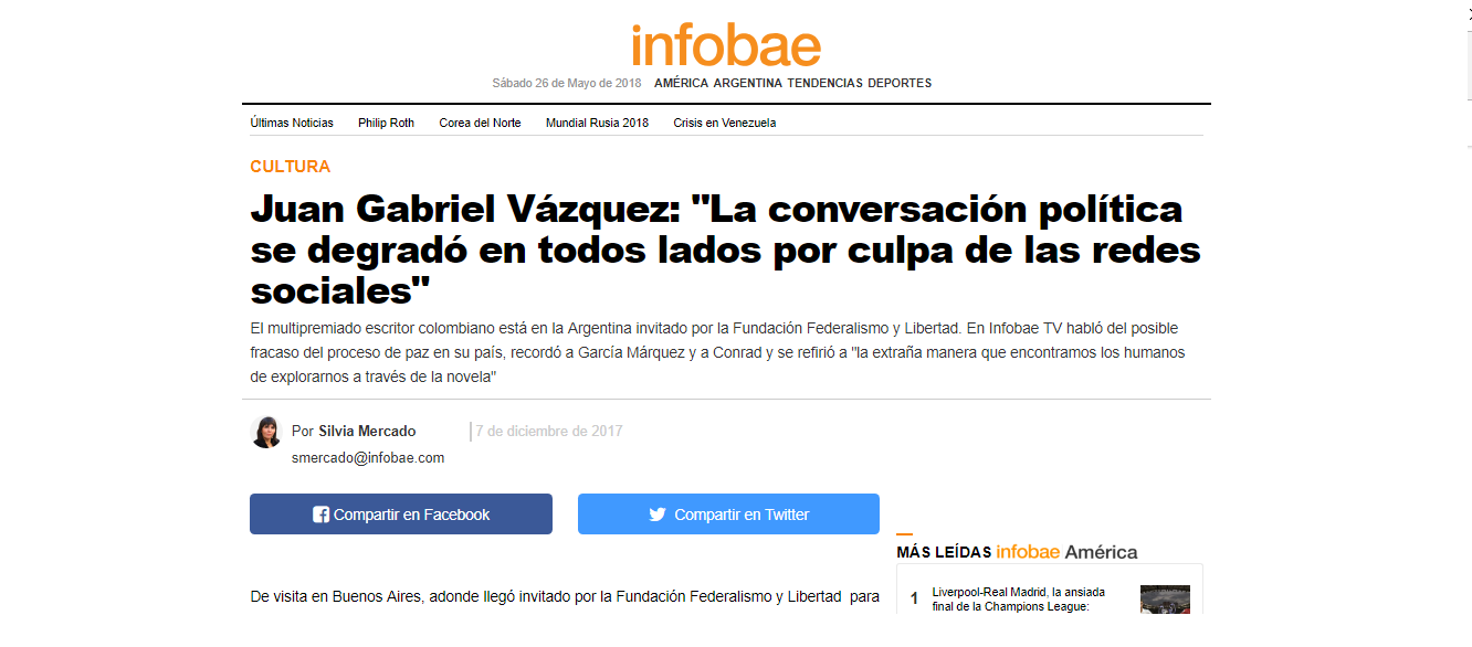 Juan Gabriel Vázquez: “La conversación política se degradó en todos lados por culpa de las redes sociales”