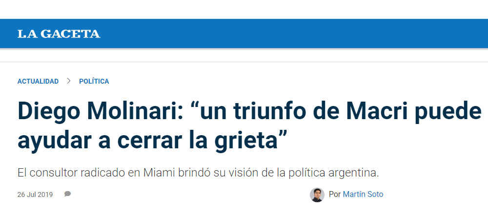 Diego Molinari en La Gaceta: “un triunfo de Macri puede ayudar a cerrar la grieta”